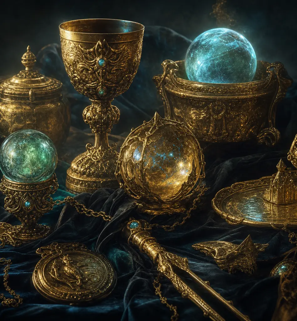Goldene Artefakte und Kugeln