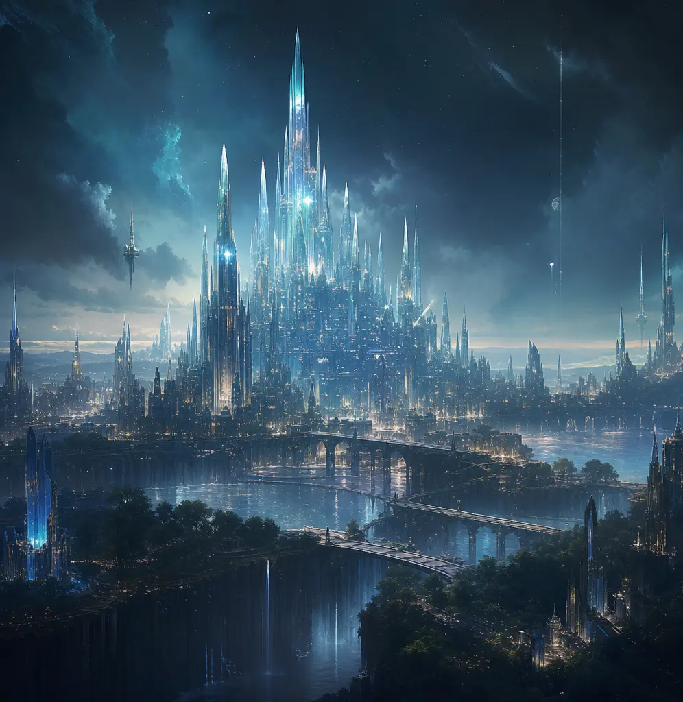 Futuristische Kristallstadt bei Nacht